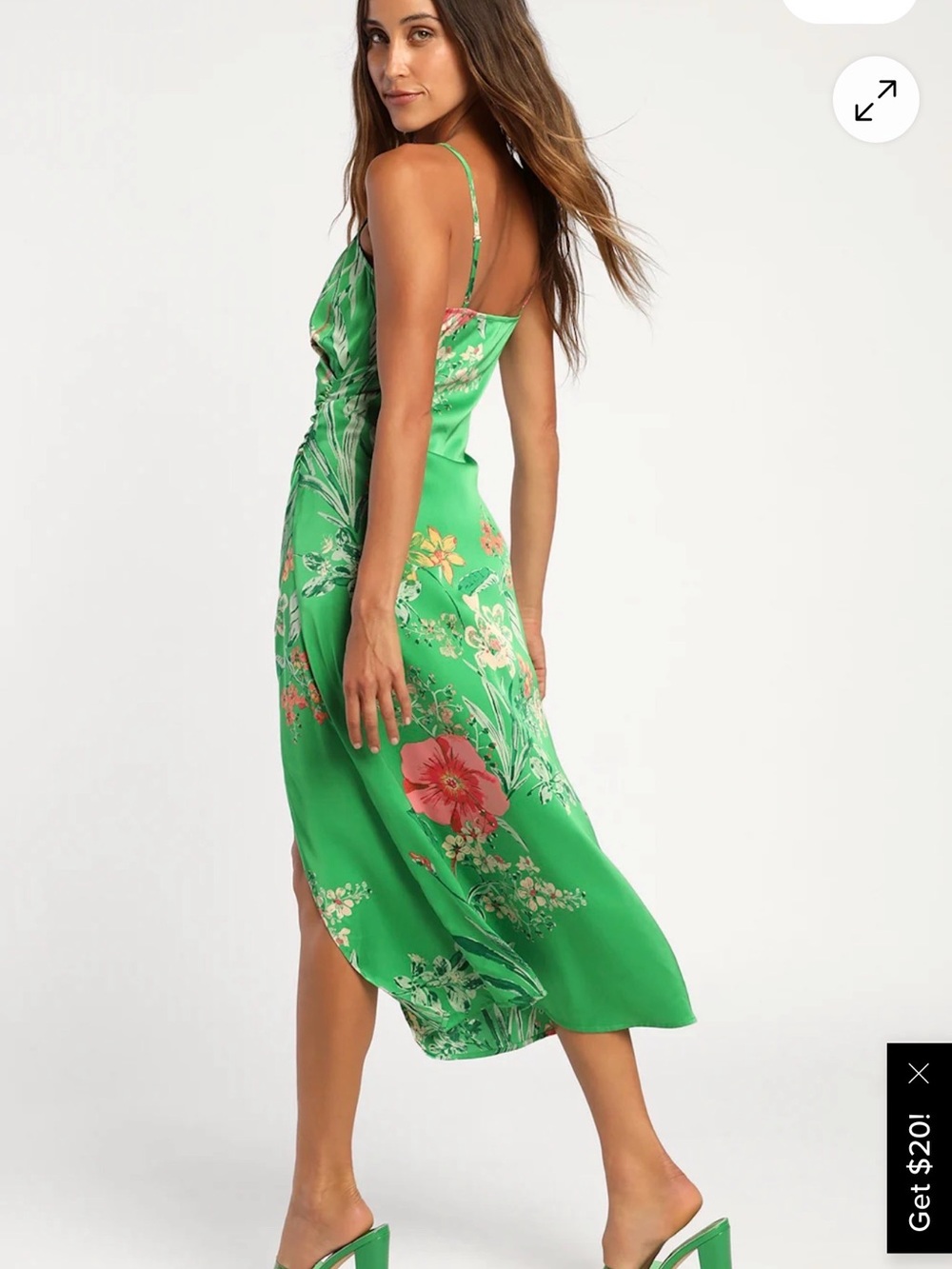 Lulu's Green Floral Slip Midi Dress with Pink Accents